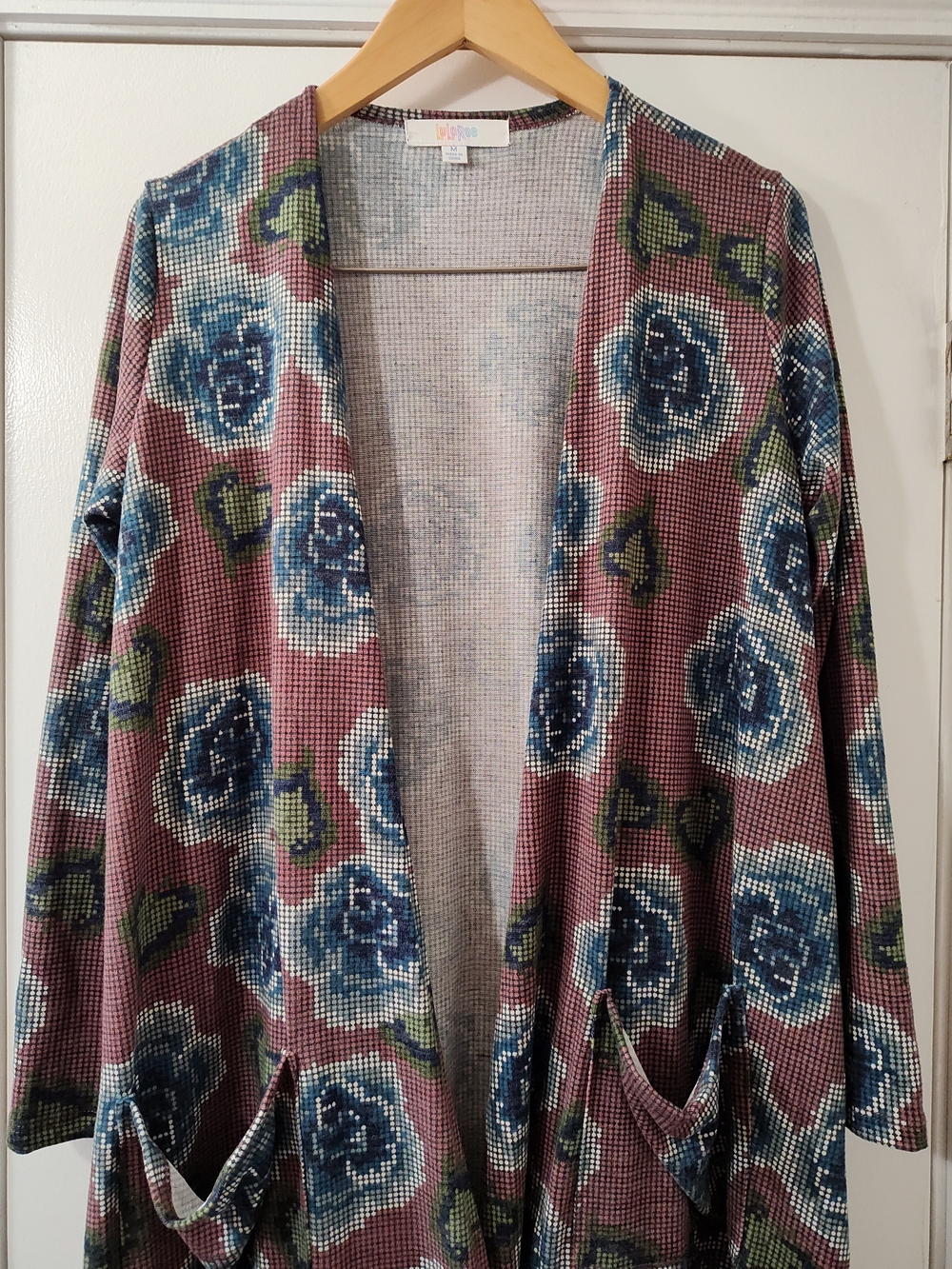 LuLaRoe Sarah Mauve Open-Front Cardigan w/ Blue Floral Print Artsy Cottagecore
